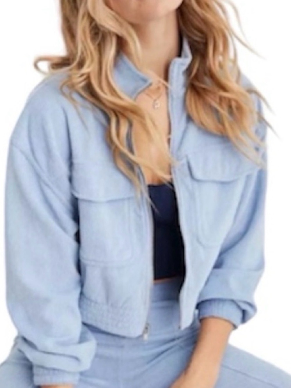 aerie Light Blue Velour Cropped  Jacket Sz Small Pockets and Full Zipper